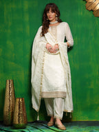 Sequinned Embroidered Silk Blend Kurta With Pant & Embroidered Dupatta, White - Hiral Fashion | Grocsy