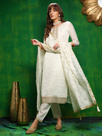 Sequinned Embroidered Silk Blend Kurta With Pant & Embroidered Dupatta, White - Hiral Fashion | Grocsy