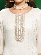 Sequinned Embroidered Silk Blend Kurta With Pant & Embroidered Dupatta, White - Hiral Fashion | Grocsy