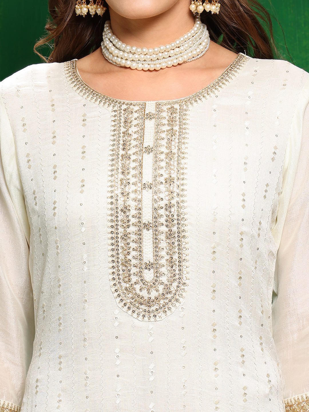 Sequinned Embroidered Silk Blend Kurta With Pant & Embroidered Dupatta, White - Hiral Fashion | Grocsy