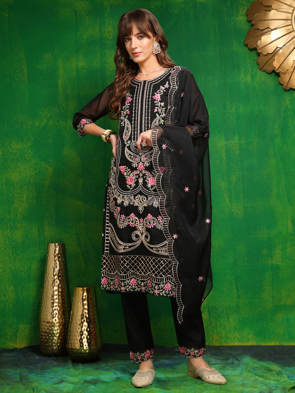 Pakistani Embroidered Kurta With Pant & Dupatta, Black - Hiral Fashion | Grocsy