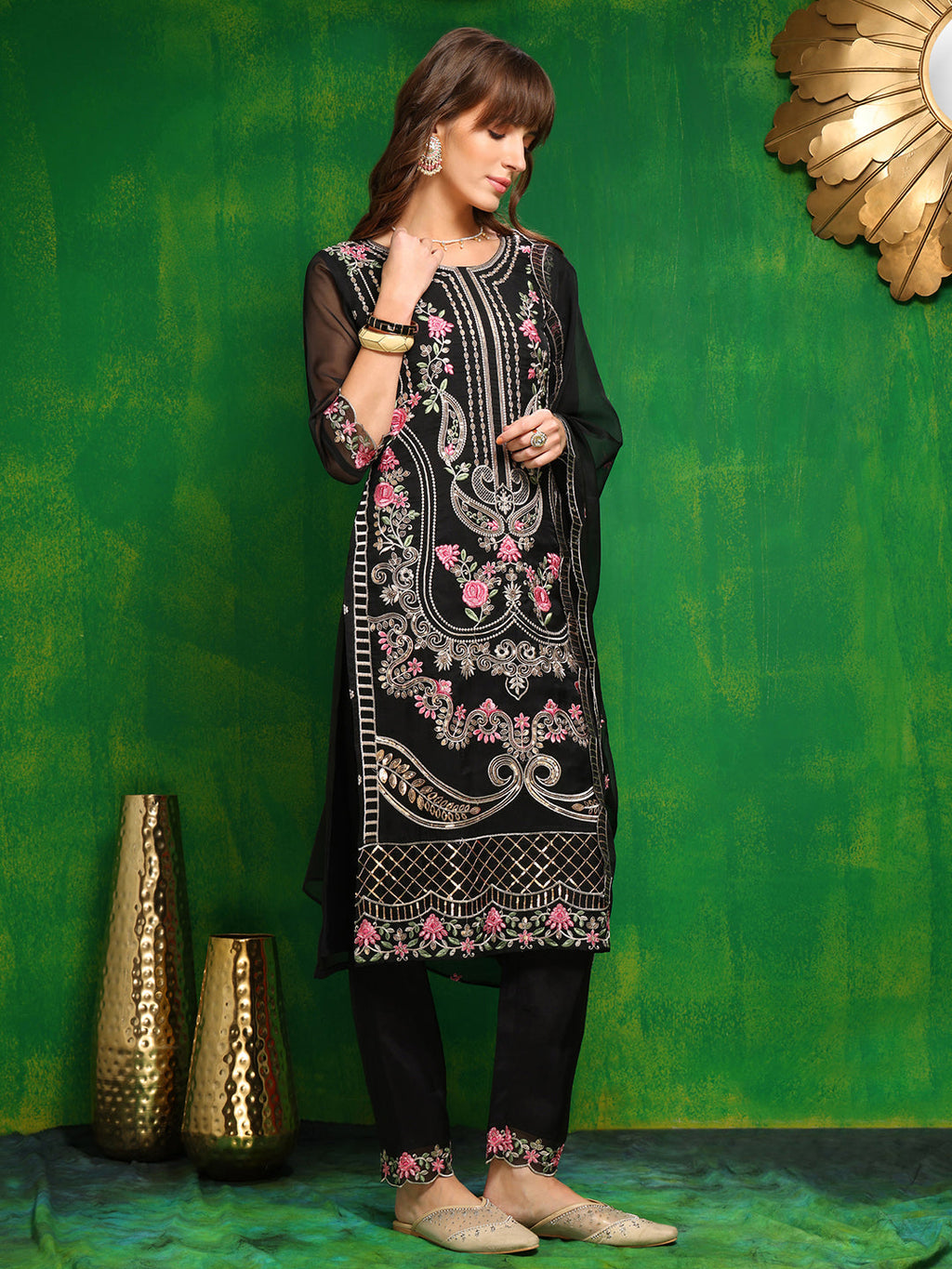 Pakistani Embroidered Kurta With Pant & Dupatta, Black - Hiral Fashion | Grocsy