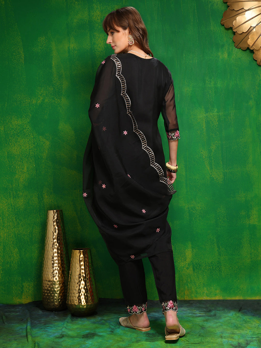 Pakistani Embroidered Kurta With Pant & Dupatta, Black - Hiral Fashion | Grocsy