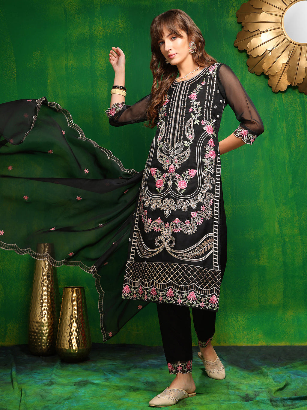Pakistani Embroidered Kurta With Pant & Dupatta, Black - Hiral Fashion | Grocsy