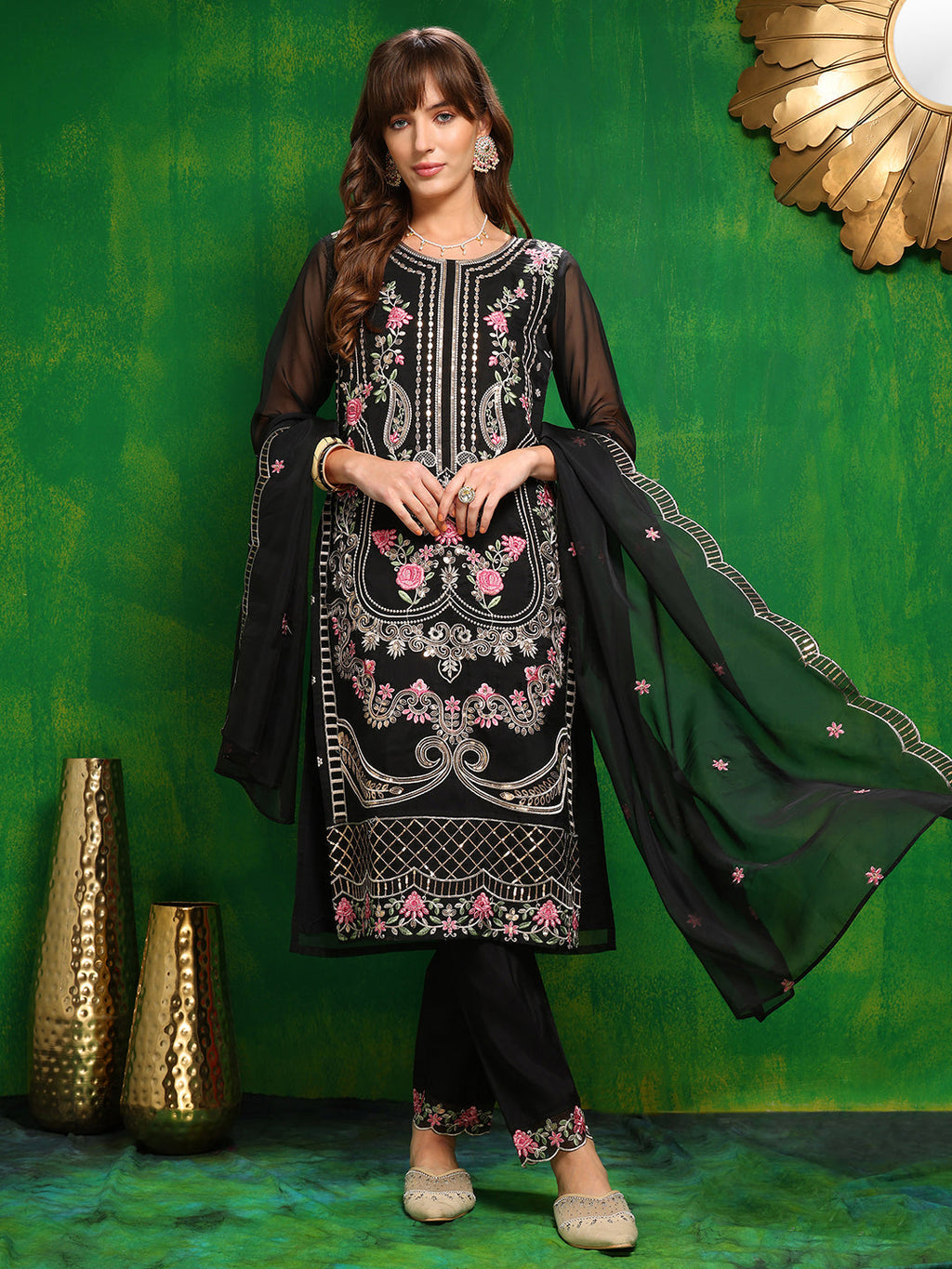 Pakistani Embroidered Kurta With Pant & Dupatta, Black - Hiral Fashion | Grocsy