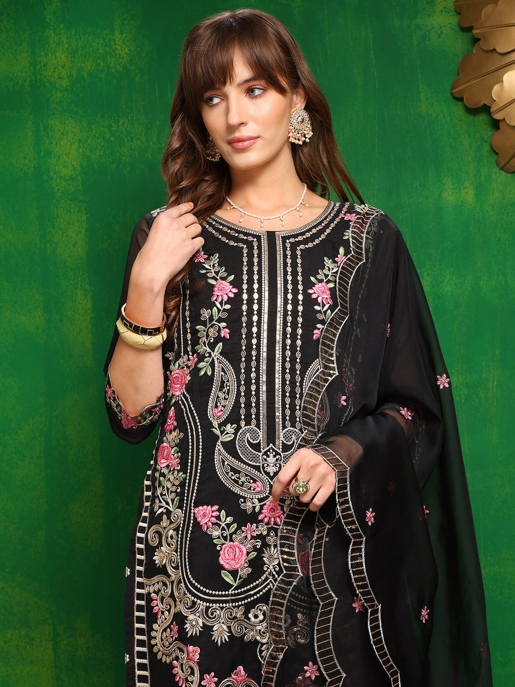 Pakistani Embroidered Kurta With Pant & Dupatta, Black - Hiral Fashion | Grocsy