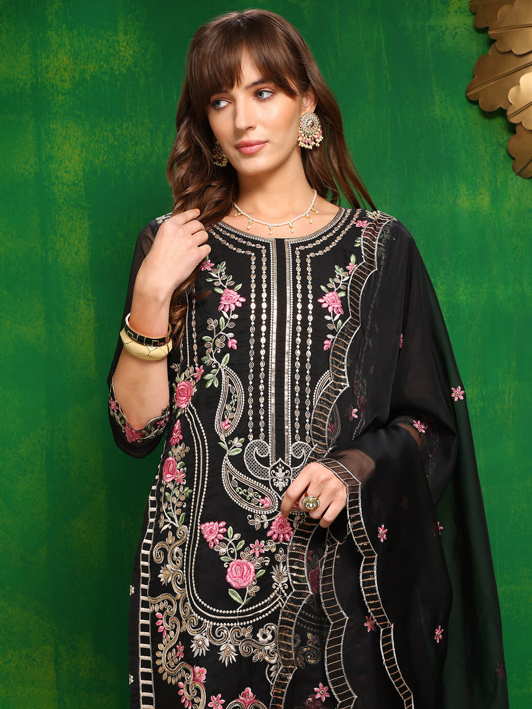 Pakistani Embroidered Kurta With Pant & Dupatta, Black - Hiral Fashion | Grocsy