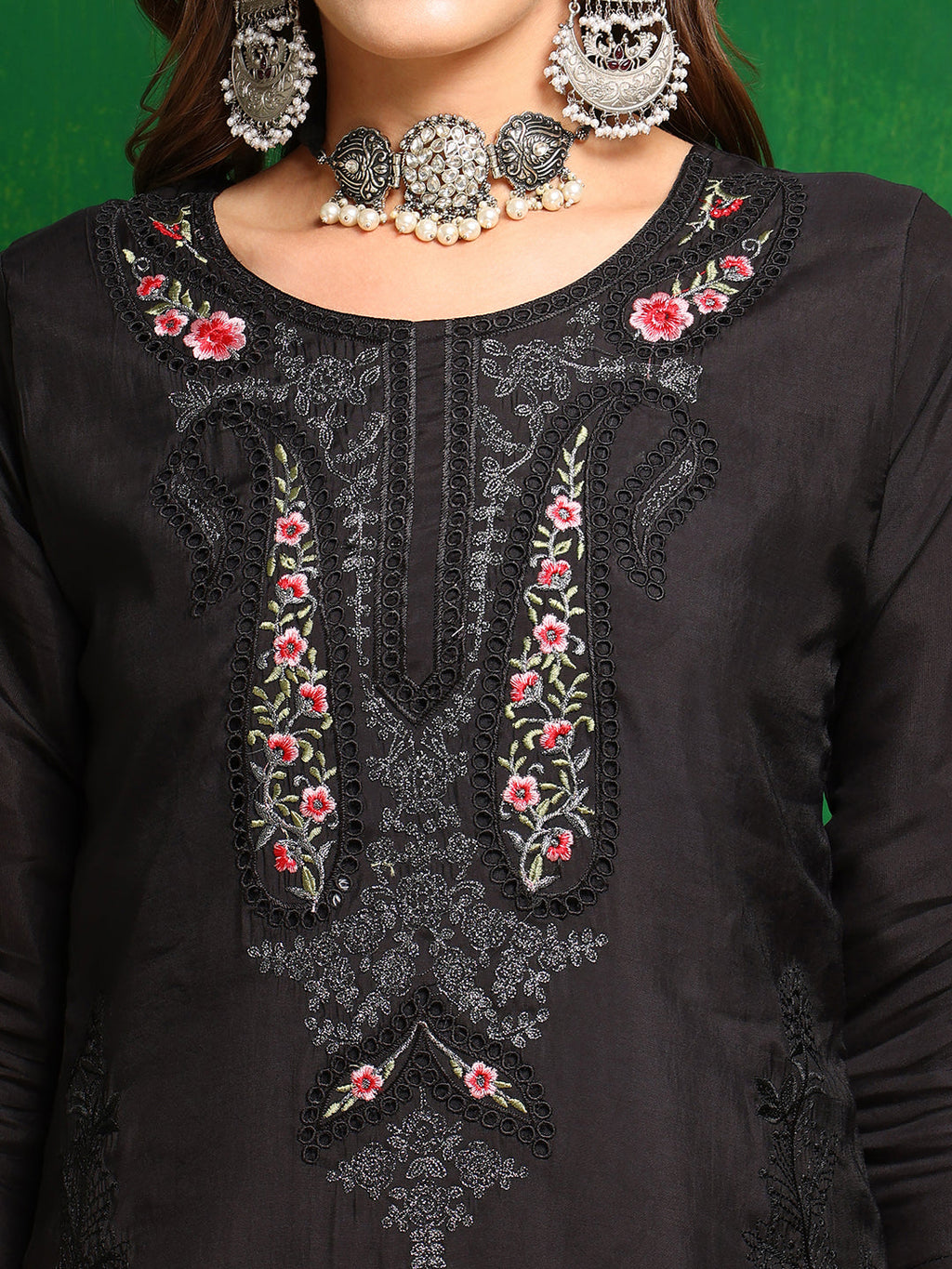 Pakistani Embroidered Kurta With Pant & Dupatta, Black - Hiral Fashion | Grocsy
