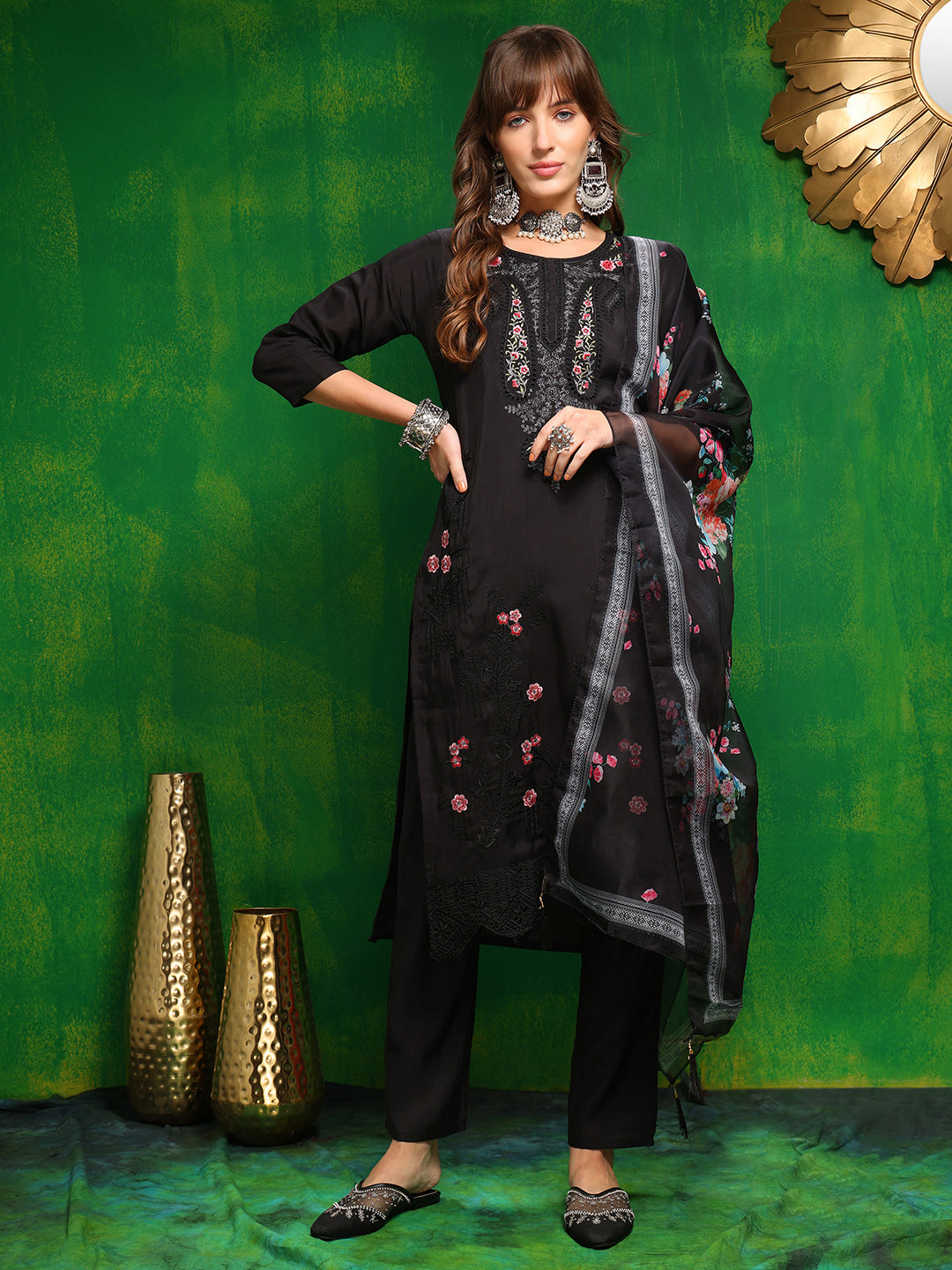 Pakistani Embroidered Kurta With Pant & Dupatta, Black - Hiral Fashion | Grocsy