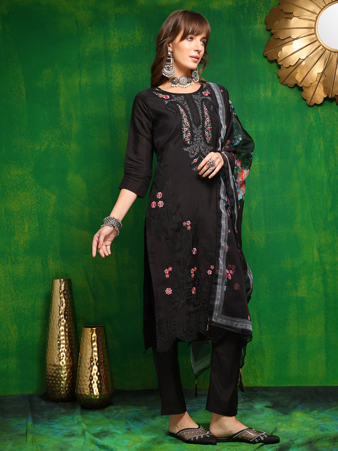 Pakistani Embroidered Kurta With Pant & Dupatta, Black - Hiral Fashion | Grocsy