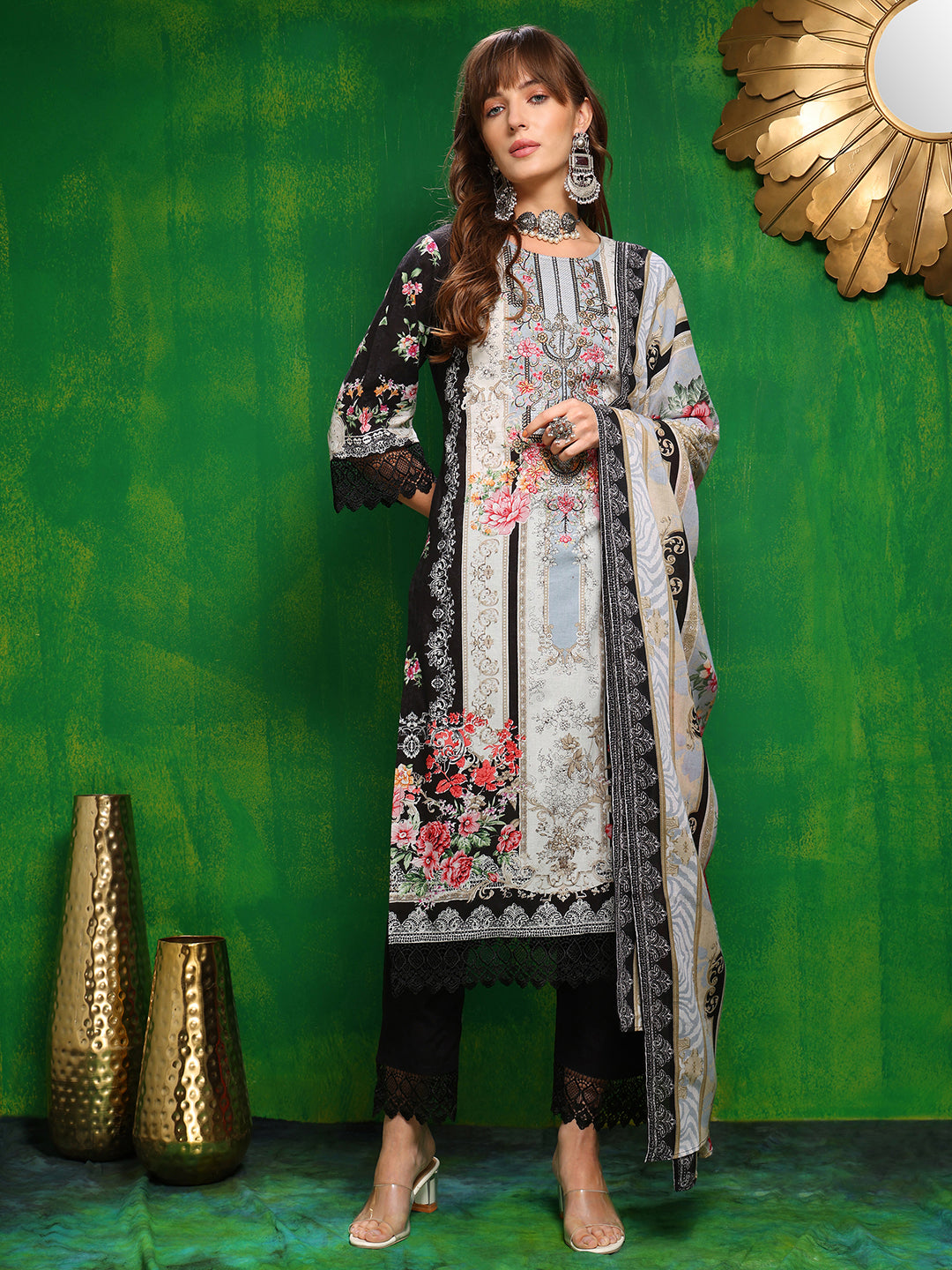 Pakistani Printed Kurta With Pant & Dupatta, Black - Hiral Fashion | Grocsy