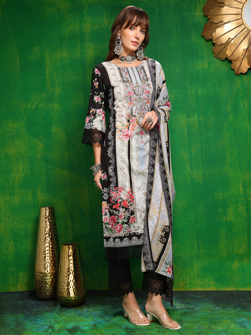 Pakistani Printed Kurta With Pant & Dupatta, Black - Hiral Fashion | Grocsy