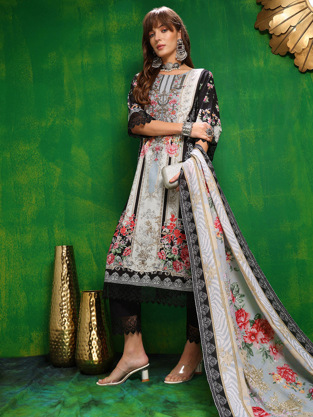 Pakistani Printed Kurta With Pant & Dupatta, Black - Hiral Fashion | Grocsy