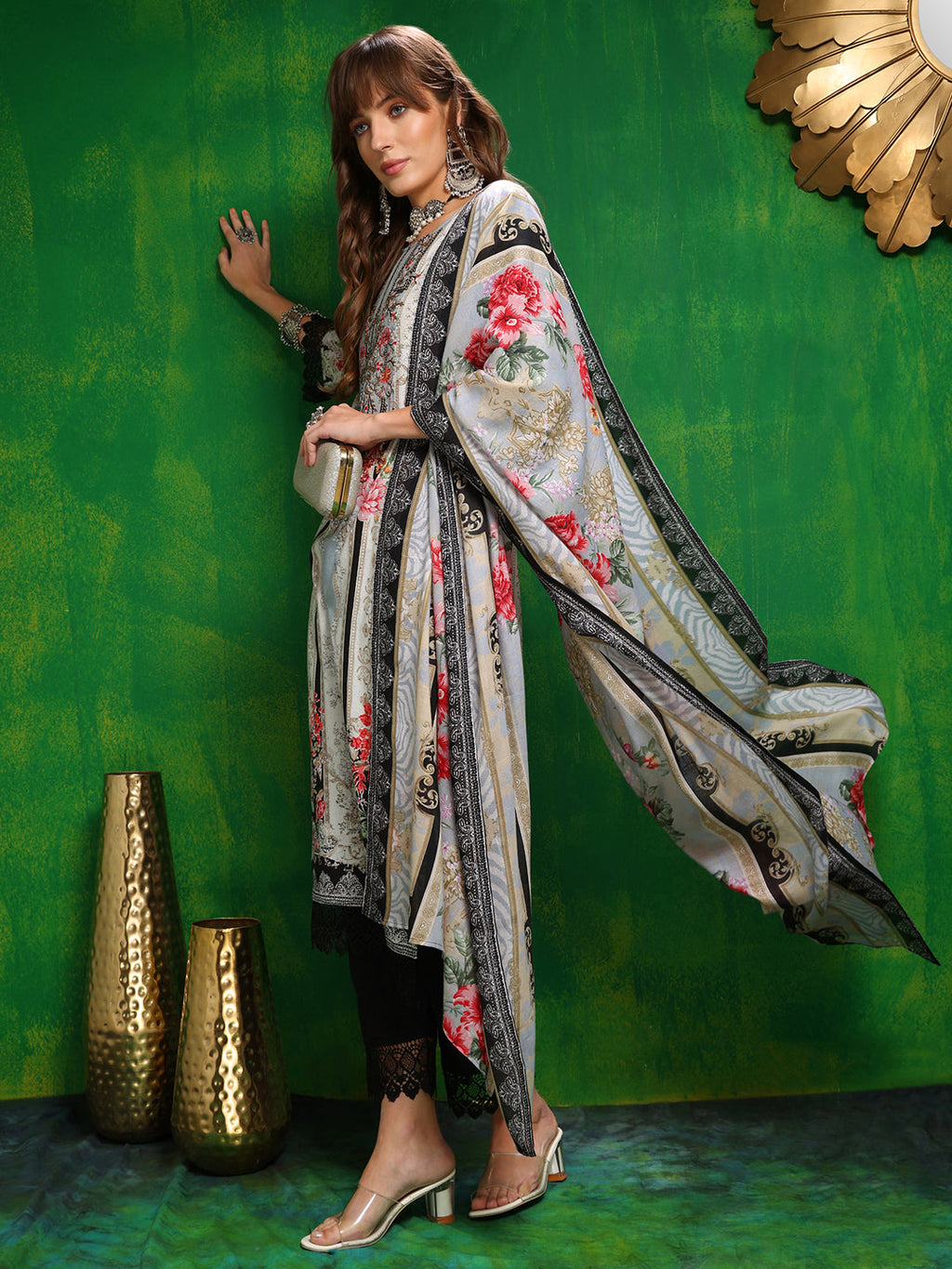 Pakistani Printed Kurta With Pant & Dupatta, Black - Hiral Fashion | Grocsy