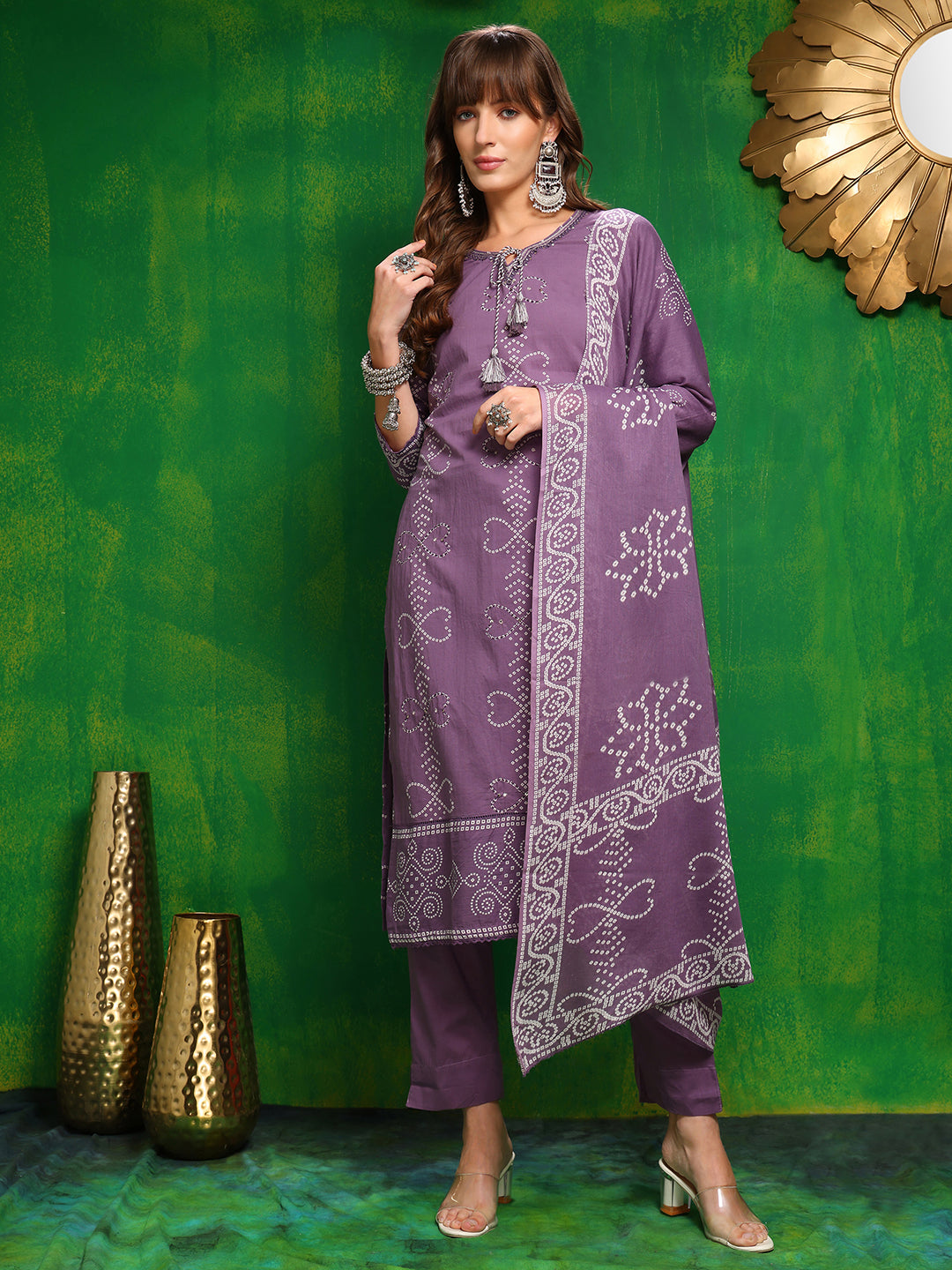 Bandhani Printed And Embroidered Kurta With Pant & Dupatta, Lavender - Hiral Fashion | Grocsy
