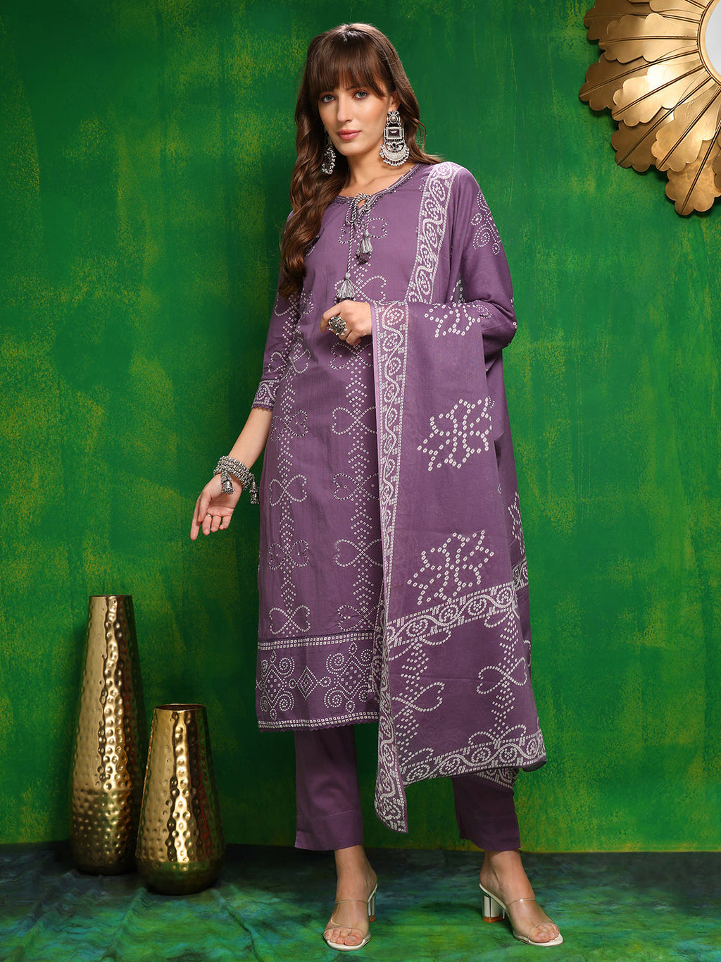 Bandhani Printed And Embroidered Kurta With Pant & Dupatta, Lavender - Hiral Fashion | Grocsy
