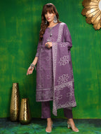 Bandhani Printed And Embroidered Kurta With Pant & Dupatta, Lavender - Hiral Fashion | Grocsy