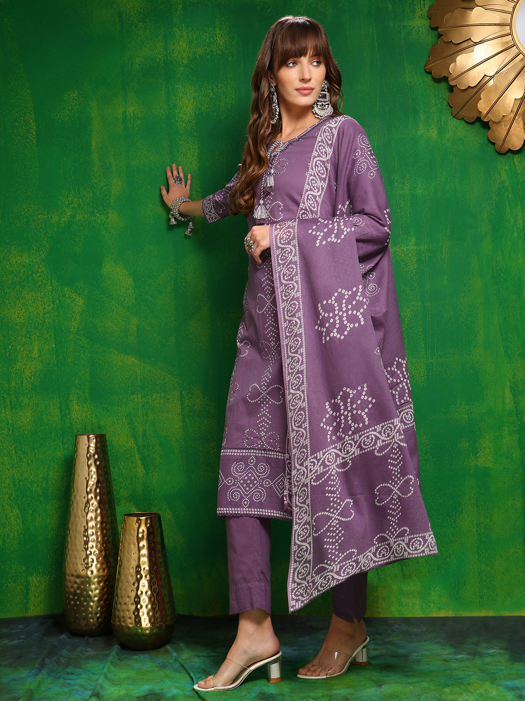 Bandhani Printed And Embroidered Kurta With Pant & Dupatta, Lavender - Hiral Fashion | Grocsy