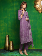 Bandhani Printed And Embroidered Kurta With Pant & Dupatta, Lavender - Hiral Fashion | Grocsy