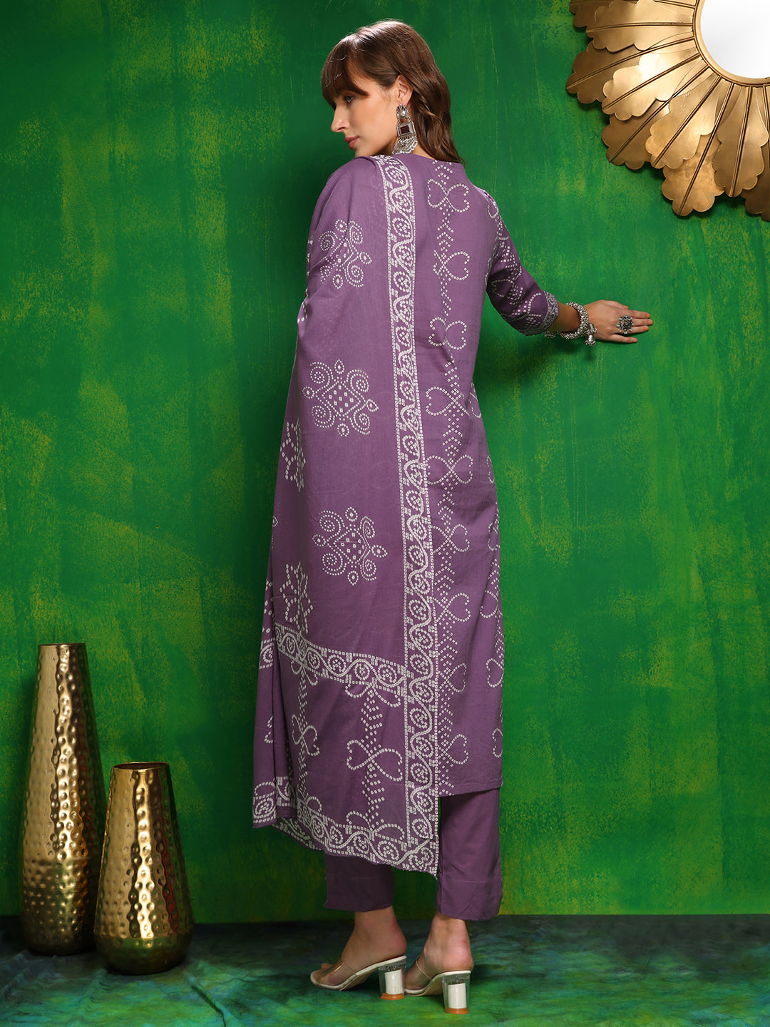 Bandhani Printed And Embroidered Kurta With Pant & Dupatta, Lavender - Hiral Fashion | Grocsy