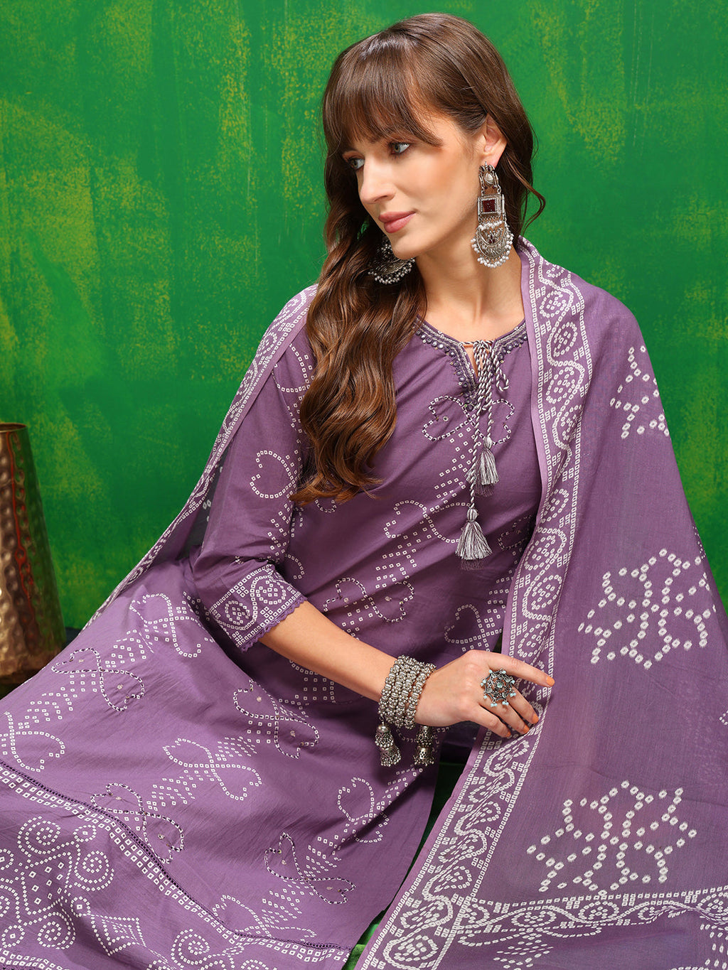 Bandhani Printed And Embroidered Kurta With Pant & Dupatta, Lavender - Hiral Fashion | Grocsy