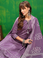 Bandhani Printed And Embroidered Kurta With Pant & Dupatta, Lavender - Hiral Fashion | Grocsy