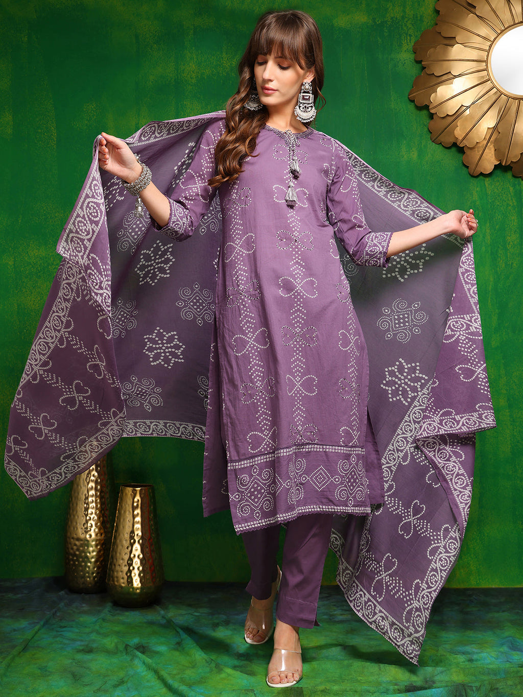 Bandhani Printed And Embroidered Kurta With Pant & Dupatta, Lavender - Hiral Fashion | Grocsy