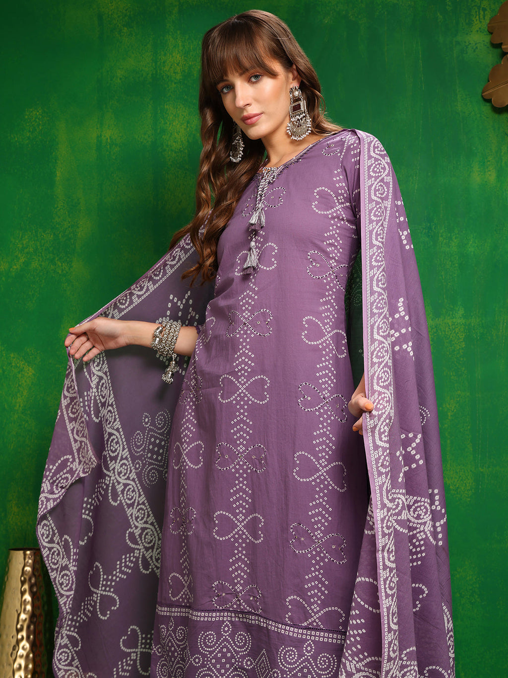 Bandhani Printed And Embroidered Kurta With Pant & Dupatta, Lavender - Hiral Fashion | Grocsy