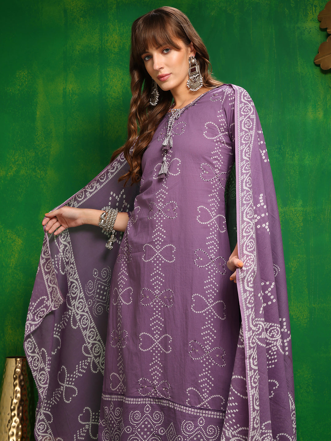 Bandhani Printed And Embroidered Kurta With Pant & Dupatta, Lavender - Hiral Fashion | Grocsy