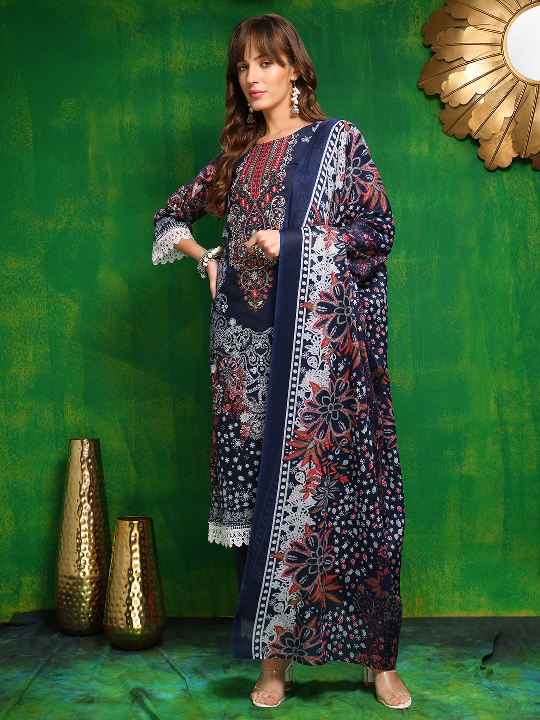 Pakistani Printed Kurta With Pant & Dupatta, Blue - Hiral Fashion | Grocsy