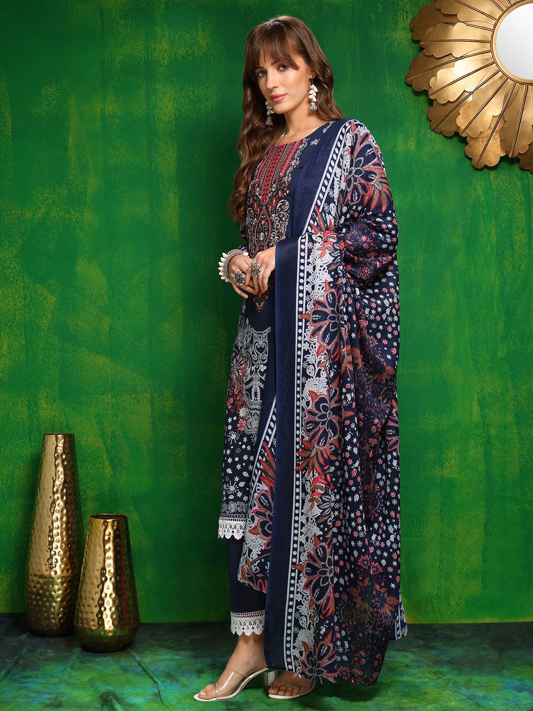 Pakistani Printed Kurta With Pant & Dupatta, Blue - Hiral Fashion | Grocsy