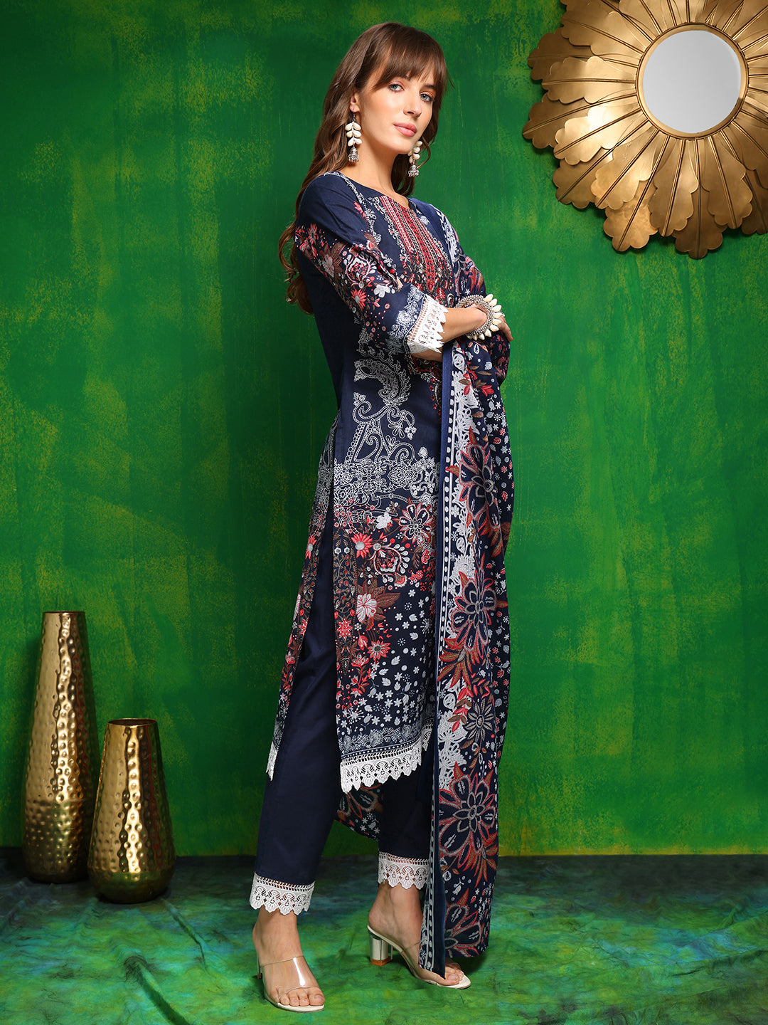 Pakistani Printed Kurta With Pant & Dupatta, Blue - Hiral Fashion | Grocsy