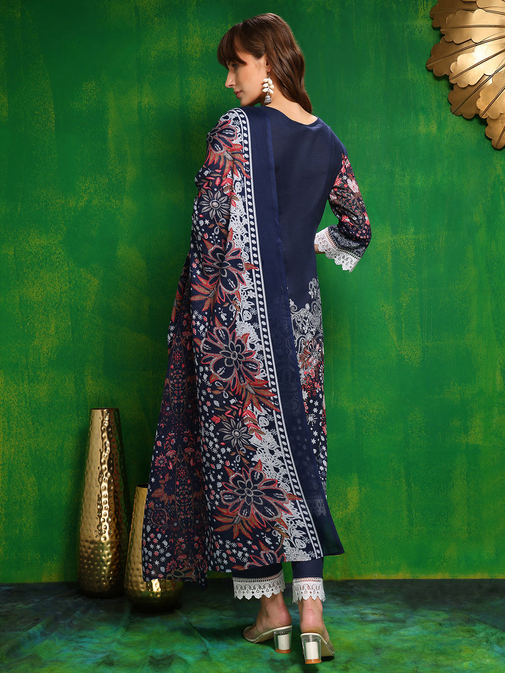 Pakistani Printed Kurta With Pant & Dupatta, Blue - Hiral Fashion | Grocsy