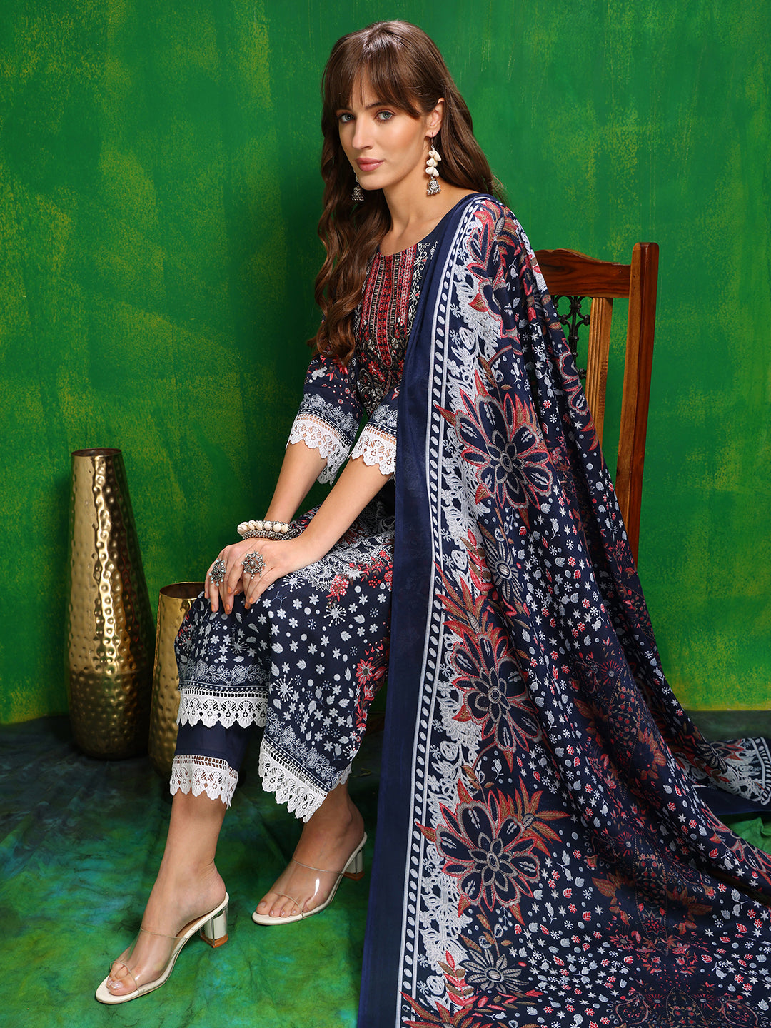 Pakistani Printed Kurta With Pant & Dupatta, Blue - Hiral Fashion | Grocsy