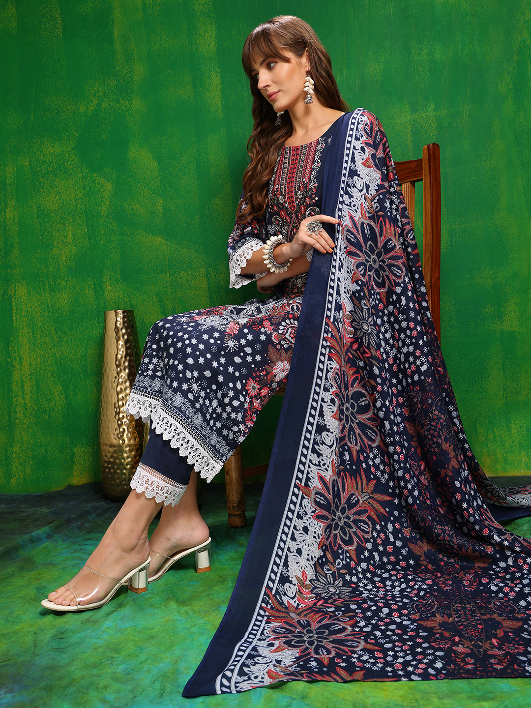 Pakistani Printed Kurta With Pant & Dupatta, Blue - Hiral Fashion | Grocsy