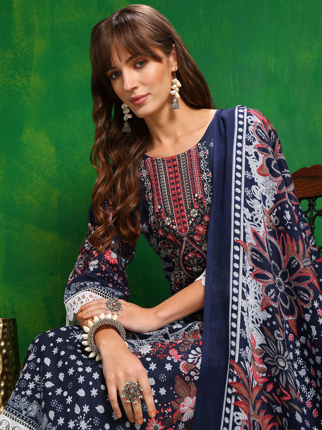 Pakistani Printed Kurta With Pant & Dupatta, Blue - Hiral Fashion | Grocsy