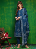 Bandhani Printed And Embroidered Kurta With Pant & Dupatta, Blue - Hiral Fashion | Grocsy