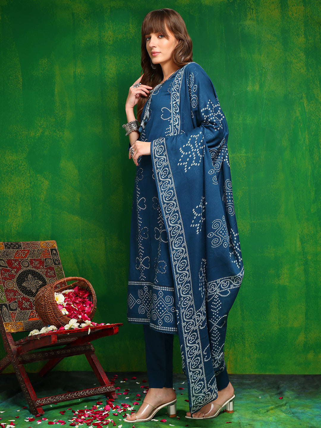 Bandhani Printed And Embroidered Kurta With Pant & Dupatta, Blue - Hiral Fashion | Grocsy