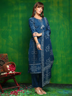 Bandhani Printed And Embroidered Kurta With Pant & Dupatta, Blue - Hiral Fashion | Grocsy