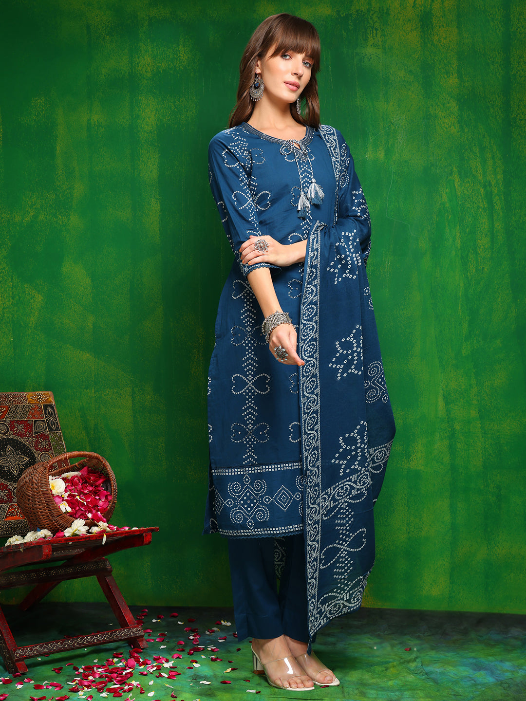 Bandhani Printed And Embroidered Kurta With Pant & Dupatta, Blue - Hiral Fashion | Grocsy