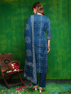 Bandhani Printed And Embroidered Kurta With Pant & Dupatta, Blue - Hiral Fashion | Grocsy