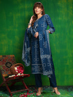 Bandhani Printed And Embroidered Kurta With Pant & Dupatta, Blue - Hiral Fashion | Grocsy