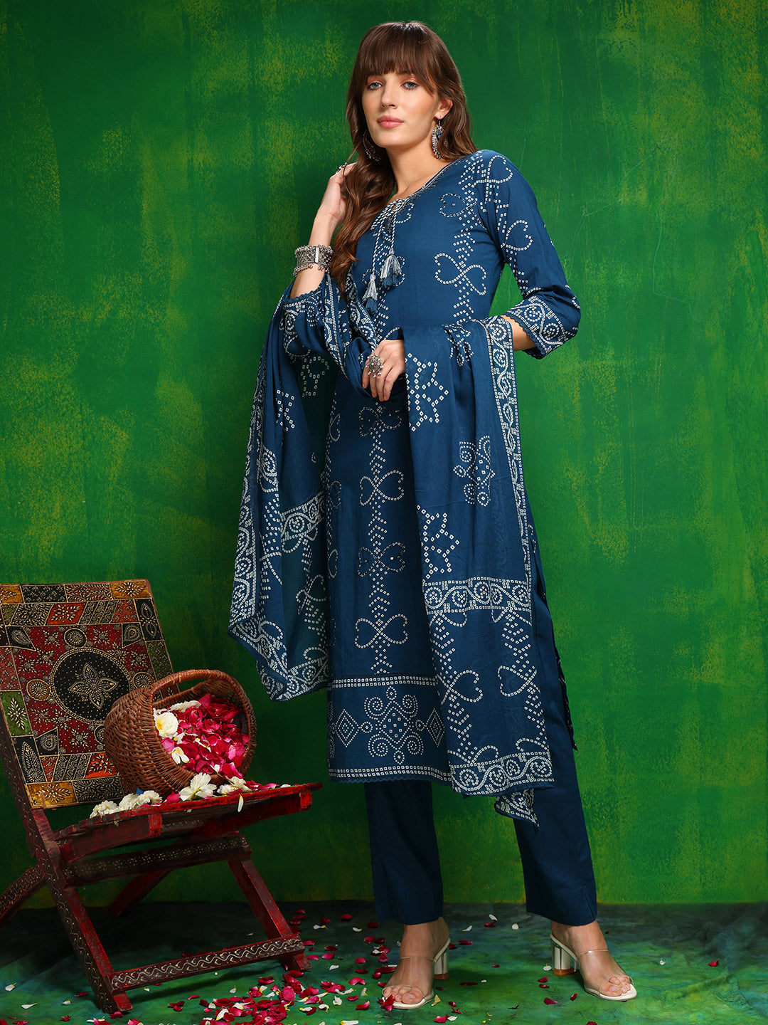 Bandhani Printed And Embroidered Kurta With Pant & Dupatta, Blue - Hiral Fashion | Grocsy