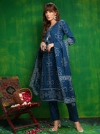 Bandhani Printed And Embroidered Kurta With Pant & Dupatta, Blue - Hiral Fashion | Grocsy