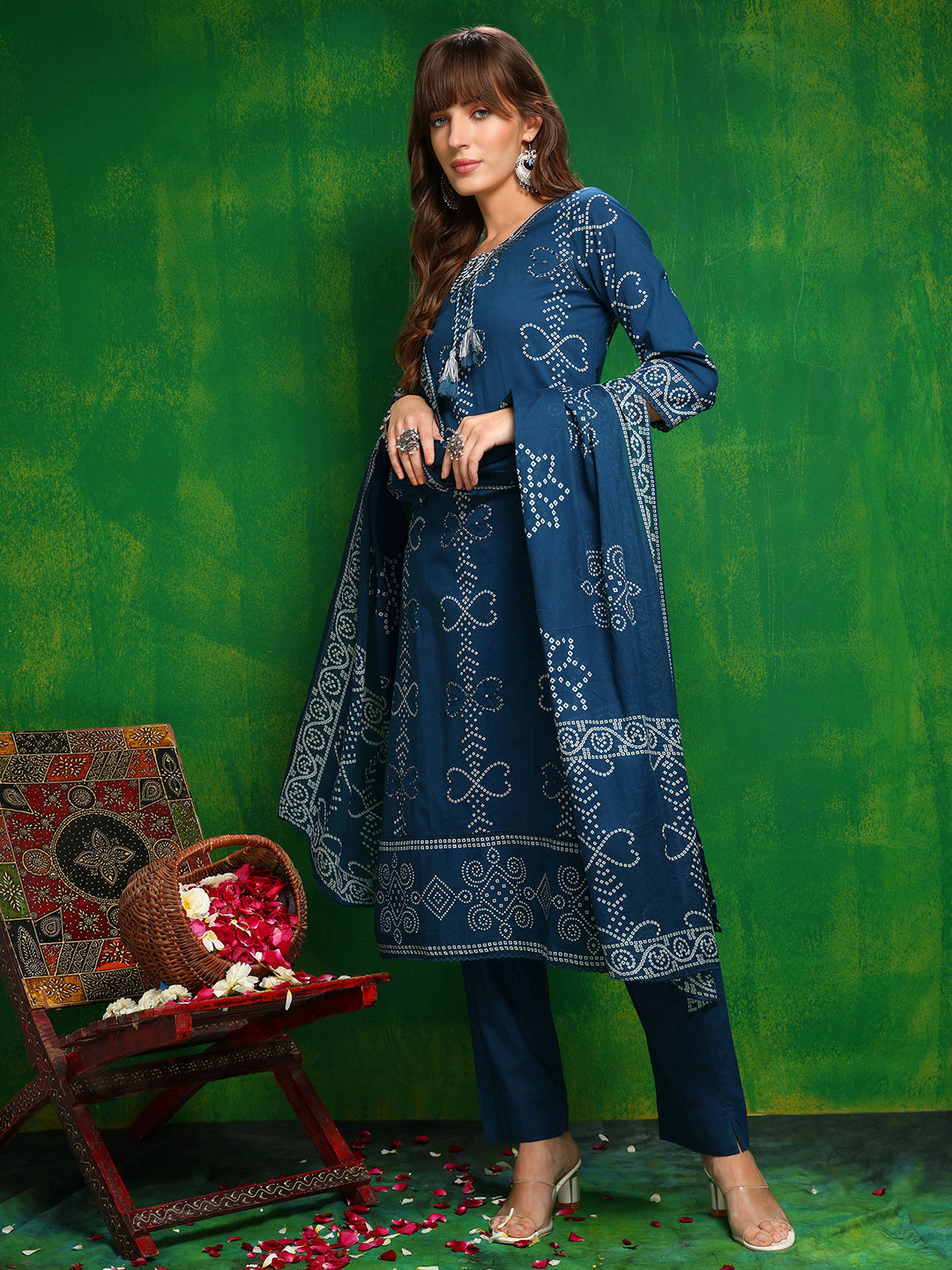 Bandhani Printed And Embroidered Kurta With Pant & Dupatta, Blue - Hiral Fashion | Grocsy