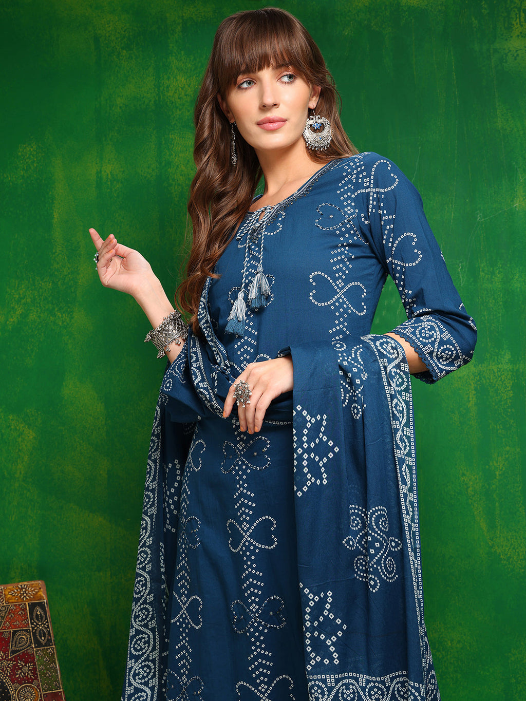 Bandhani Printed And Embroidered Kurta With Pant & Dupatta, Blue - Hiral Fashion | Grocsy