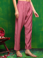 Artificial Flower & Lace Detailing Kurta With Pant & Dupatta, Pink - Hiral Fashion | Grocsy