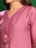 Artificial Flower & Lace Detailing Kurta With Pant & Dupatta, Pink - Hiral Fashion | Grocsy