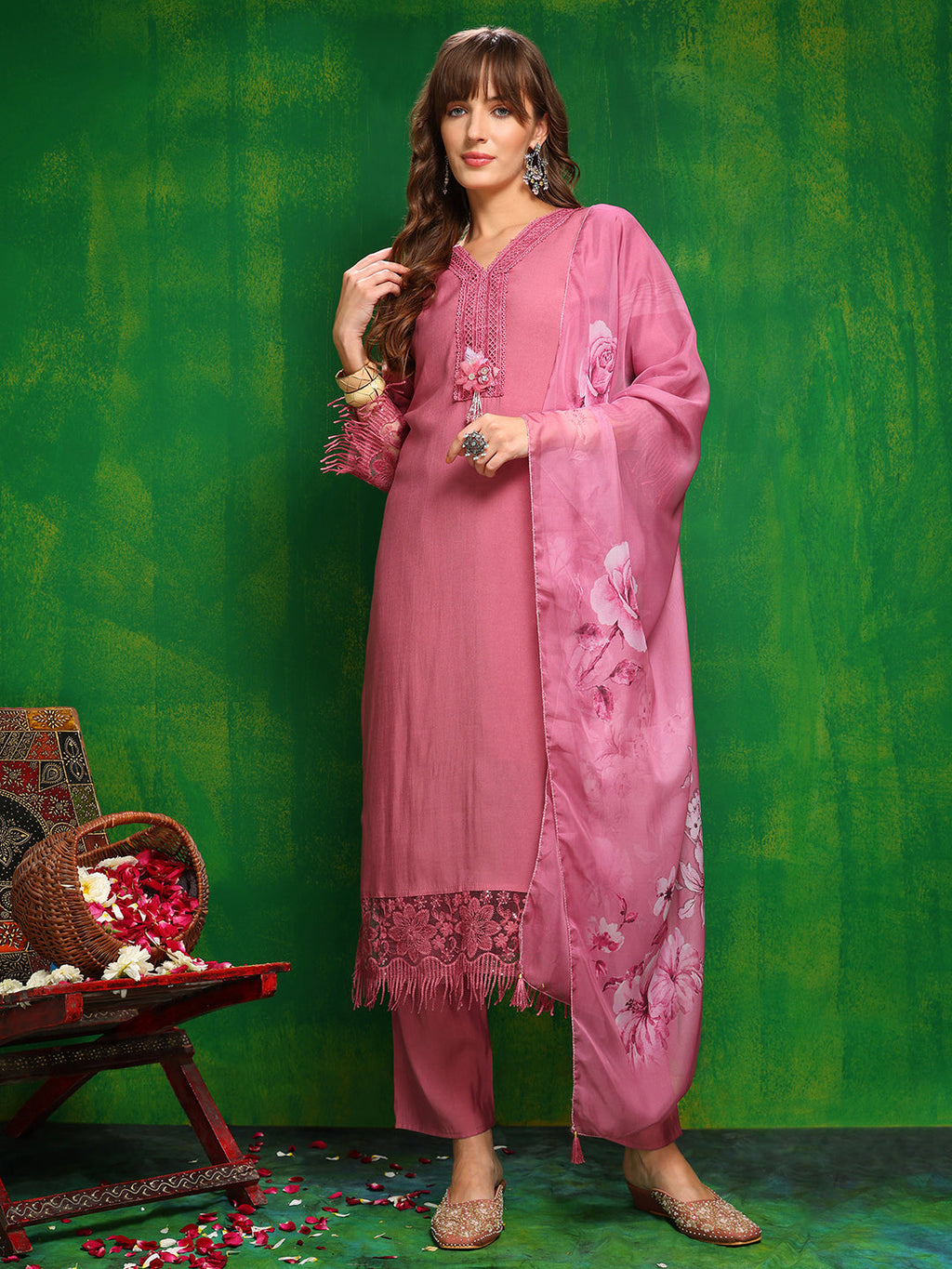 Artificial Flower & Lace Detailing Kurta With Pant & Dupatta, Pink - Hiral Fashion | Grocsy