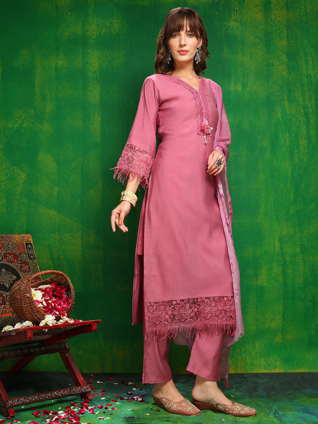 Artificial Flower & Lace Detailing Kurta With Pant & Dupatta, Pink - Hiral Fashion | Grocsy
